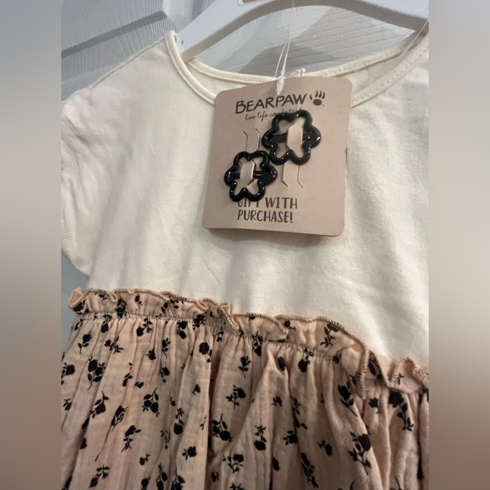NWT Bearpaw Toddler Girl Floral Cotton Dress Cream and Tan with Hair clips - Picture 2 of 7